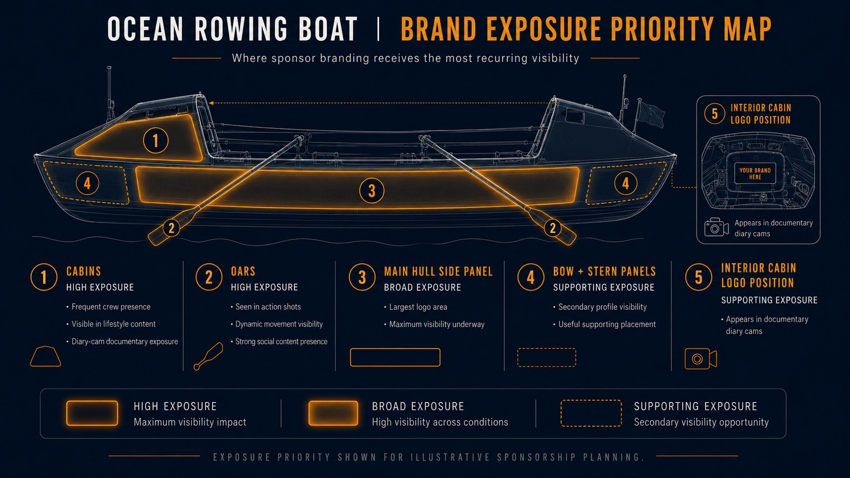 Ocean rowing boat brand exposure priority map: cabins and oars offer high exposure, the main hull side panel broad exposure with the largest logo area, bow and stern panels plus the interior cabin diary-cam position offer supporting exposure